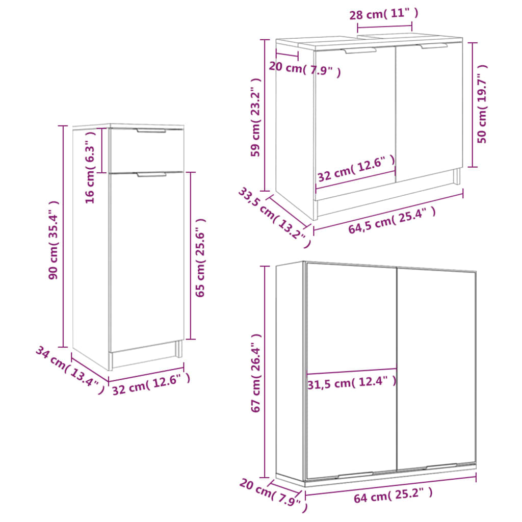 3 Piece Bathroom Cabinet Set White Engineered Wood