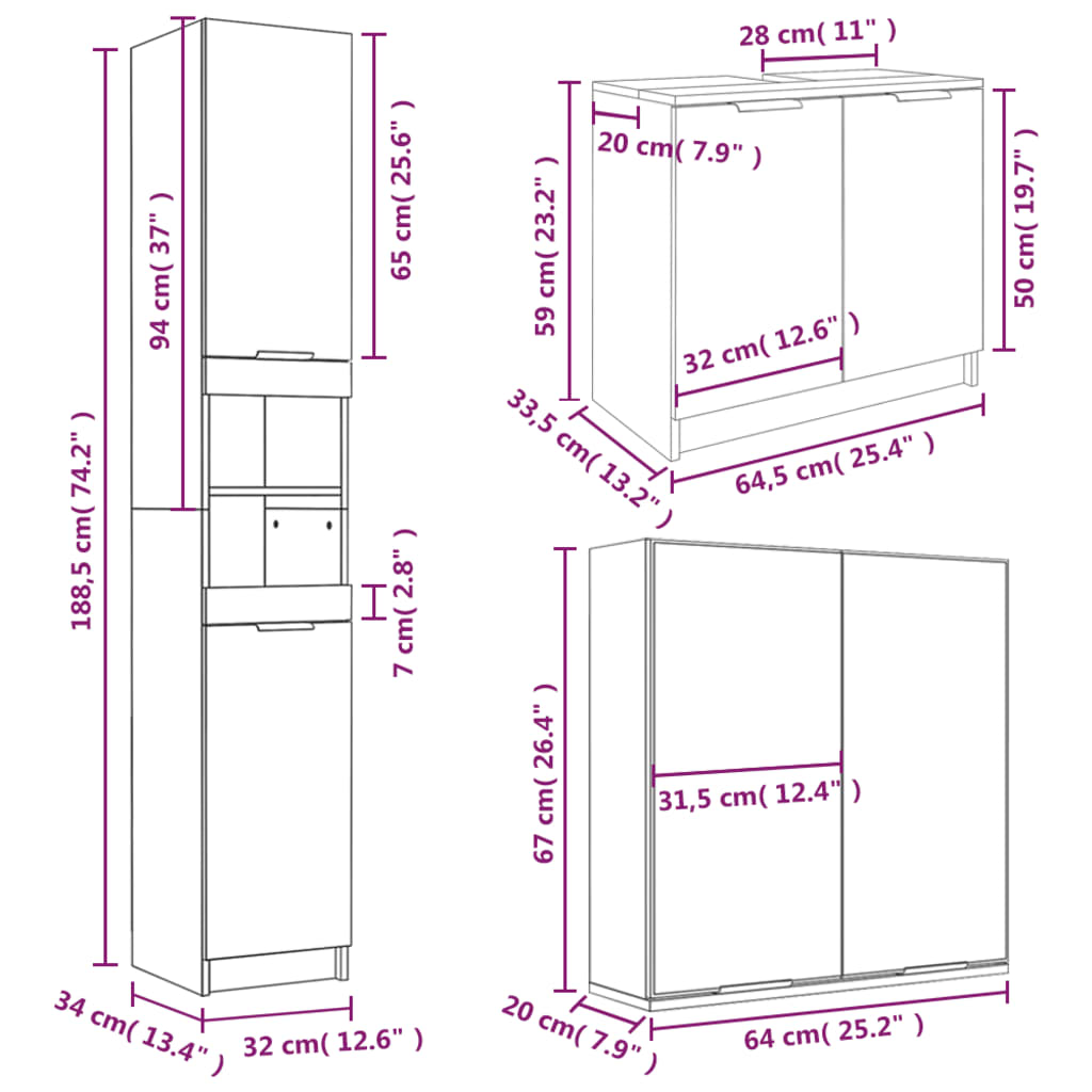 3 Piece Bathroom Cabinet Set Smoked Oak Engineered Wood