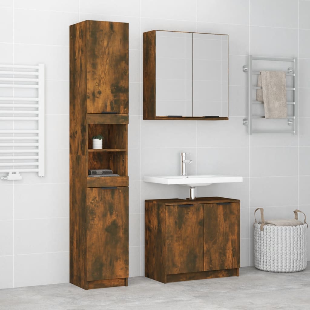 3 Piece Bathroom Cabinet Set Smoked Oak Engineered Wood