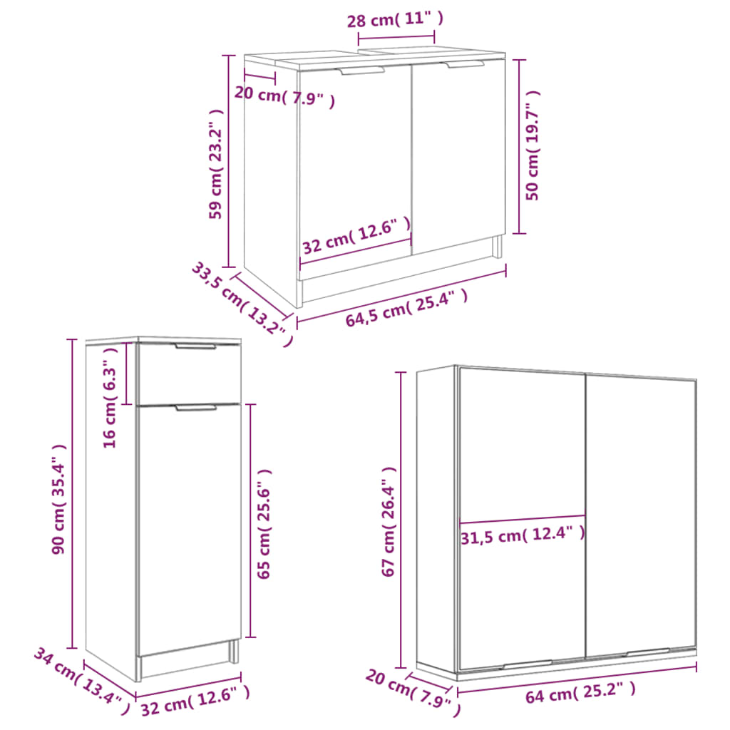 4 Piece Bathroom Cabinet Set Smoked Oak Engineered Wood