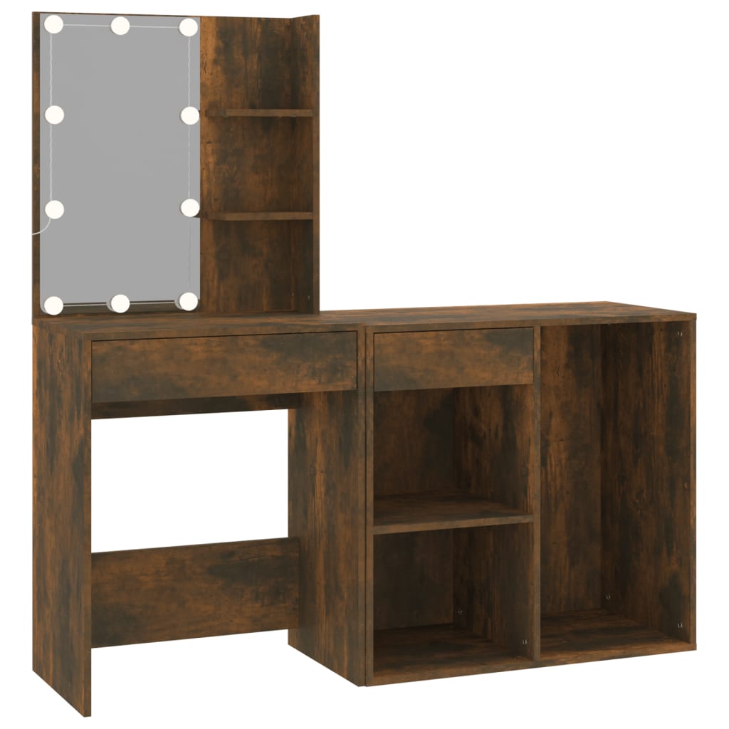 LED Dressing Table with Cabinet Smoked Oak Engineered Wood - Bend