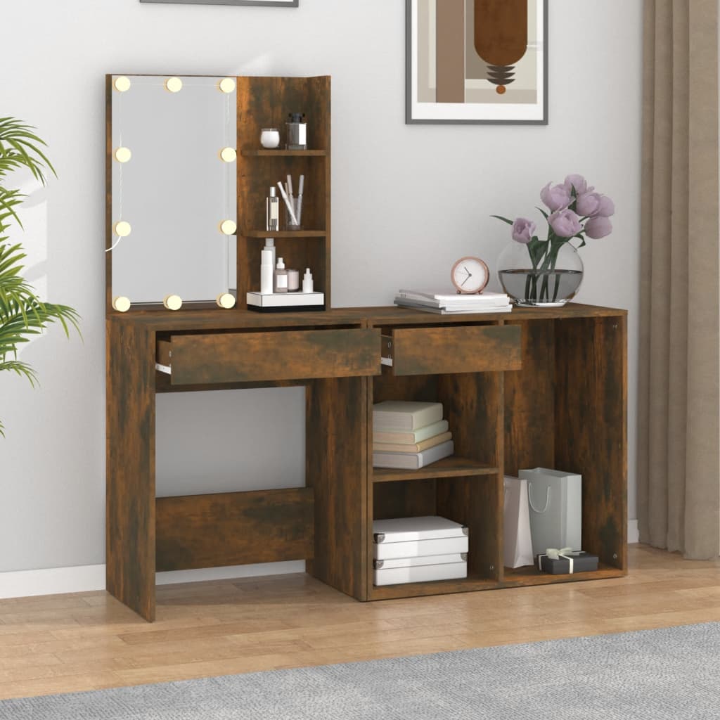 LED Dressing Table with Cabinet Smoked Oak Engineered Wood - Bend