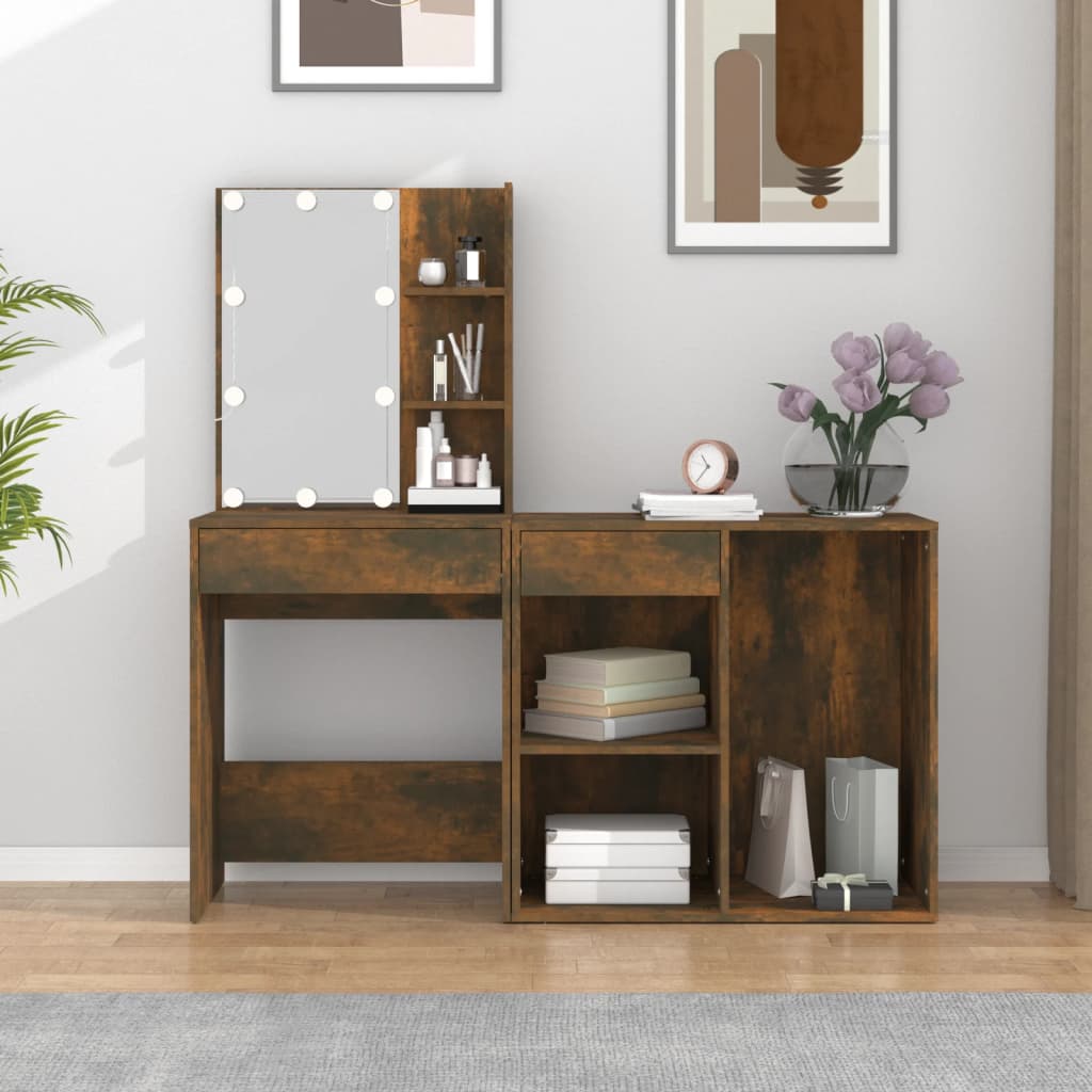 LED Dressing Table with Cabinet Smoked Oak Engineered Wood - Bend