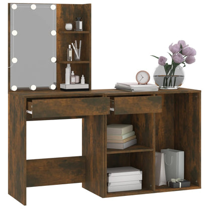 LED Dressing Table with Cabinet Smoked Oak Engineered Wood - Bend