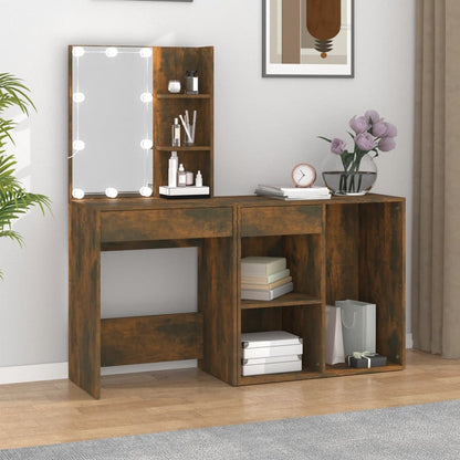 LED Dressing Table with Cabinet Smoked Oak Engineered Wood - Bend