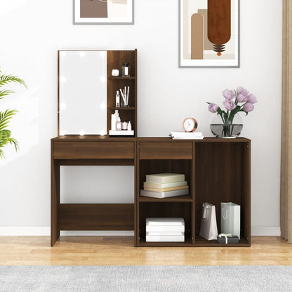 LED Dressing Table with Cabinet Brown Oak Engineered Wood