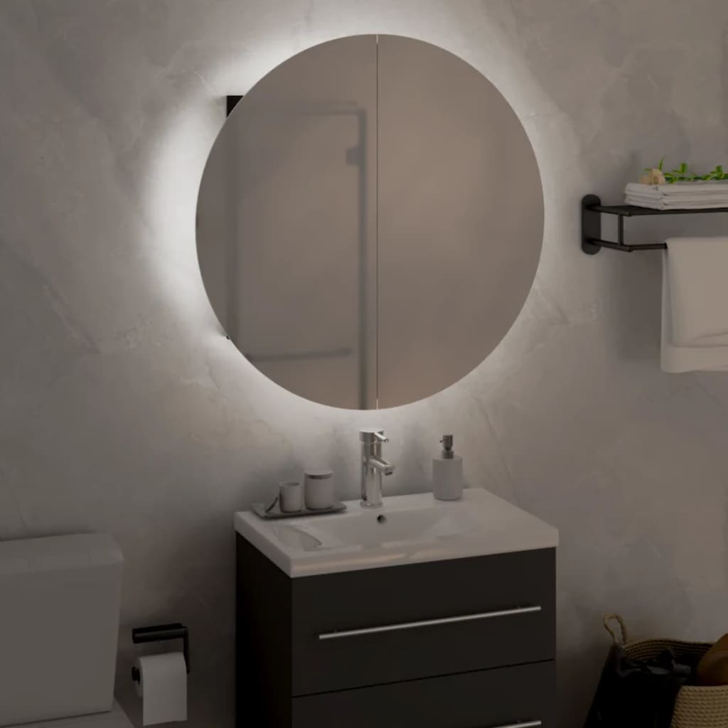 Bathroom Cabinet with Round Mirror&LED Black 47x47x17.5 cm