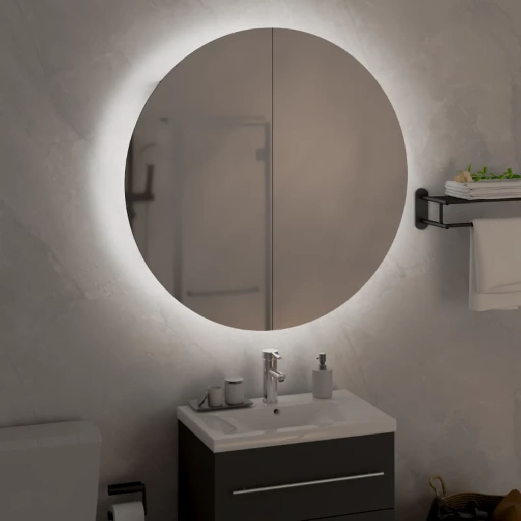 Bathroom Cabinet with Round Mirror&LED White 54x54x17.5 cm