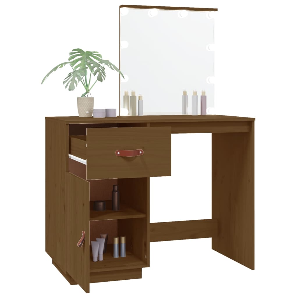 Dressing Table with LED Honey Brown 95x50x133.5 cm Solid Wood Pine - Bend