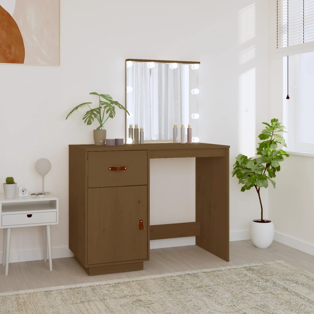 Dressing Table with LED Honey Brown 95x50x133.5 cm Solid Wood Pine - Bend