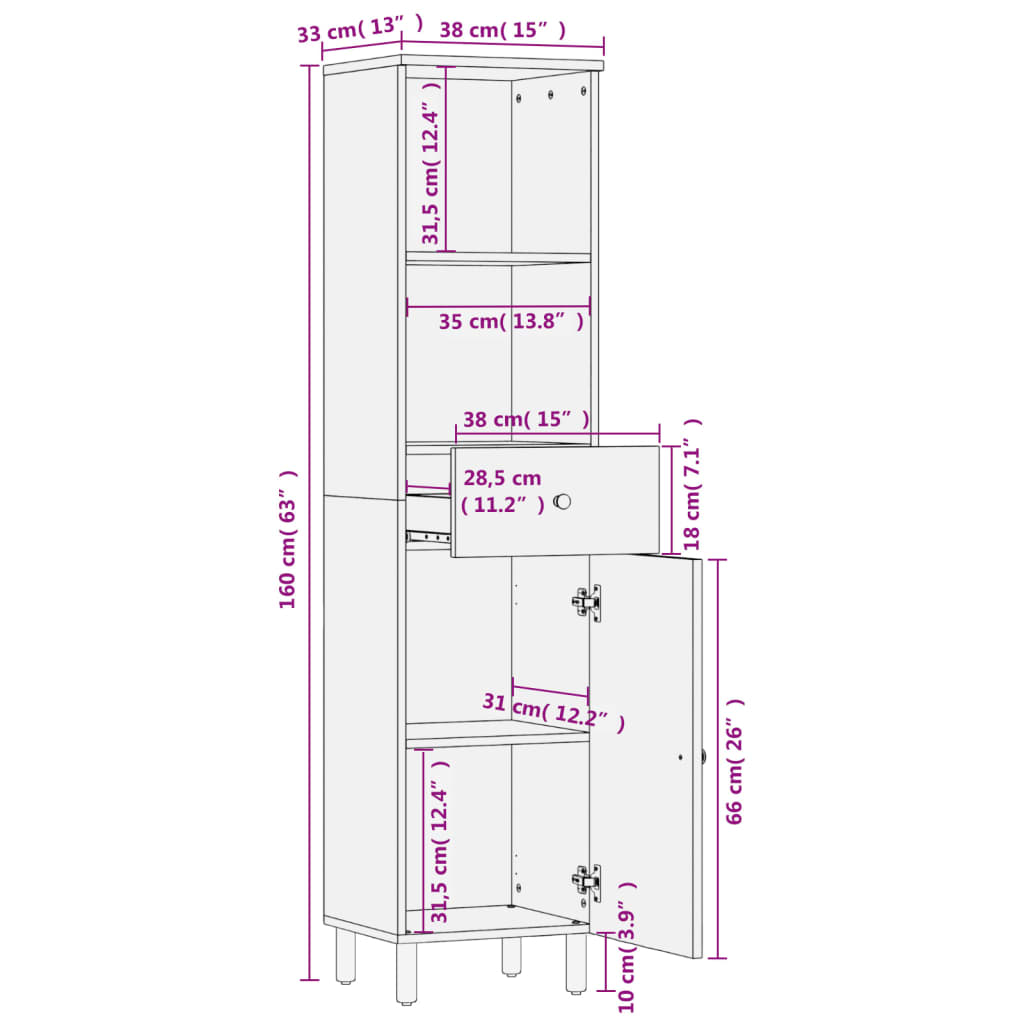 Bathroom Cabinet Black 38x33x160 cm Solid Wood Mango - Bend