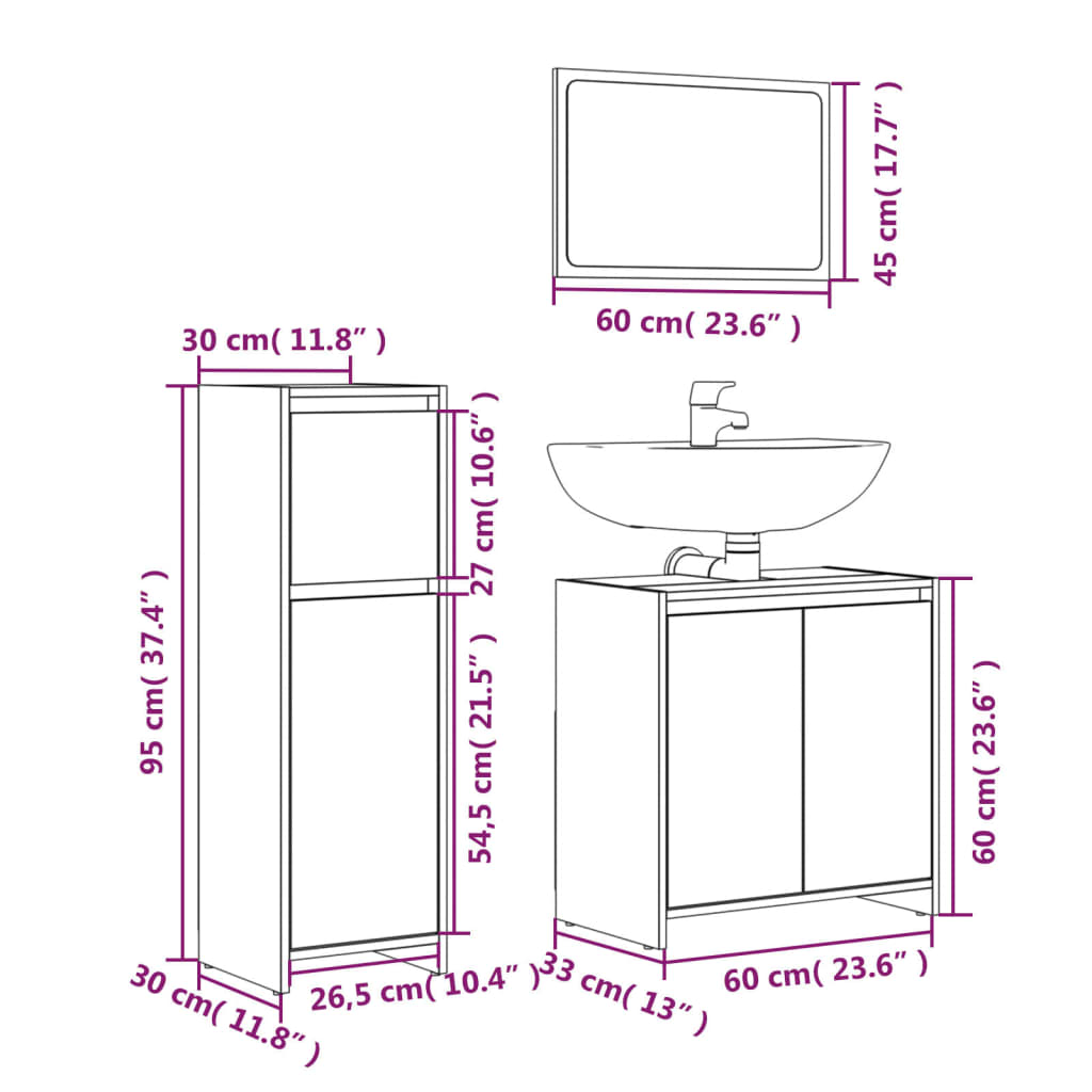 3 Piece Bathroom Furniture Set Brown Oak Engineered Wood