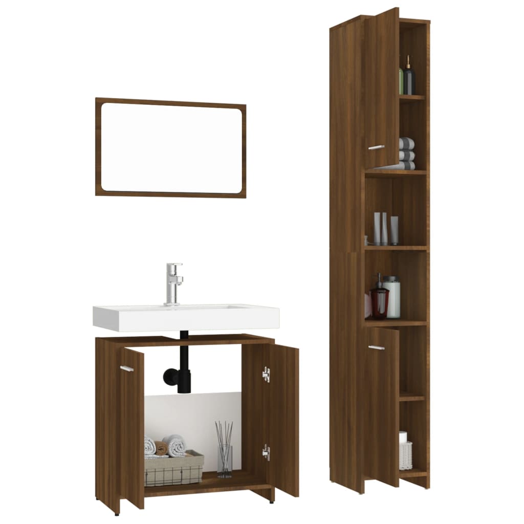 3 Piece Bathroom Furniture Set Brown Oak Engineered Wood