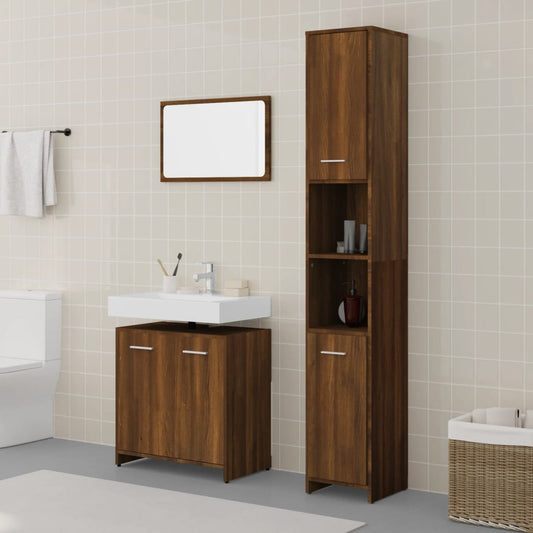 3 Piece Bathroom Furniture Set Brown Oak Engineered Wood