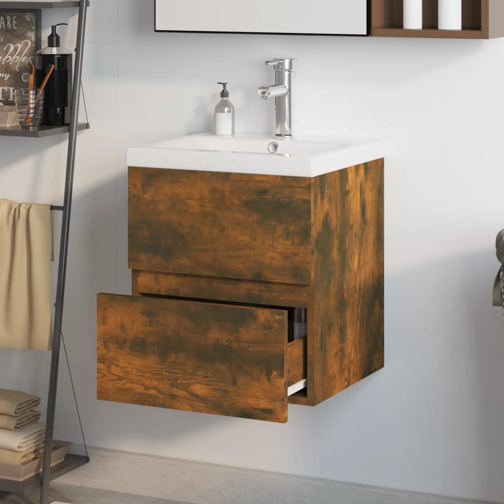 Sink Cabinet with Built-in Basin Smoked Oak Engineered Wood - Bend