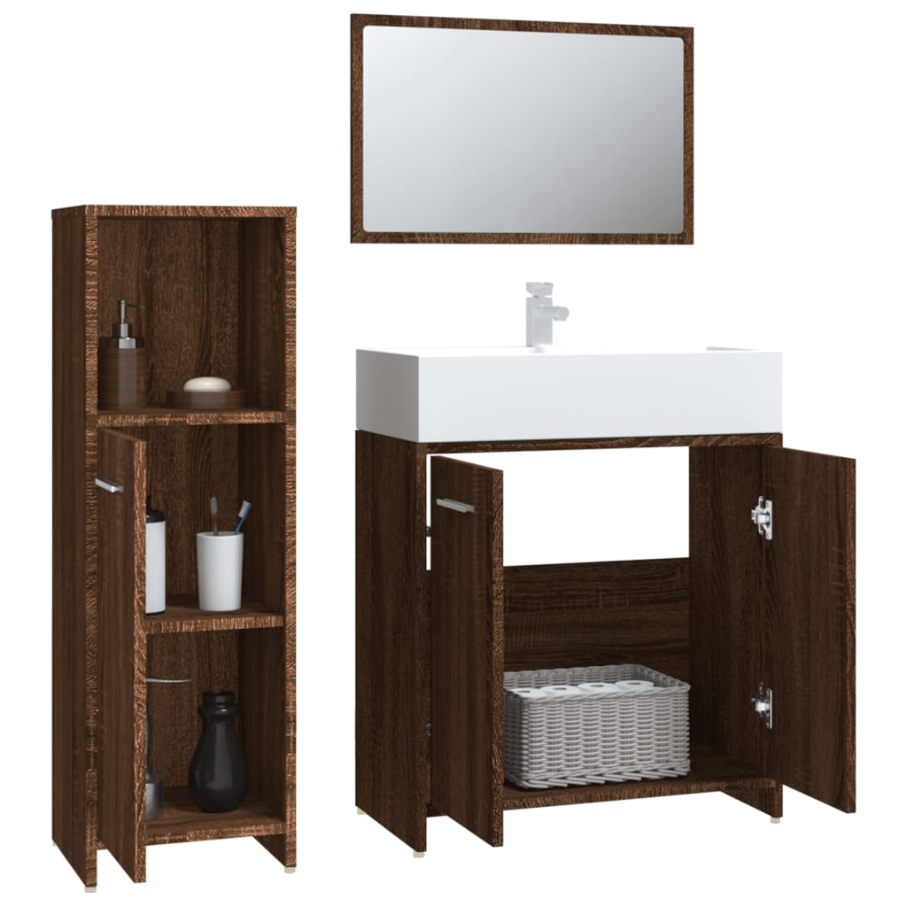 3 Piece Bathroom Furniture Set Brown Oak Engineered Wood