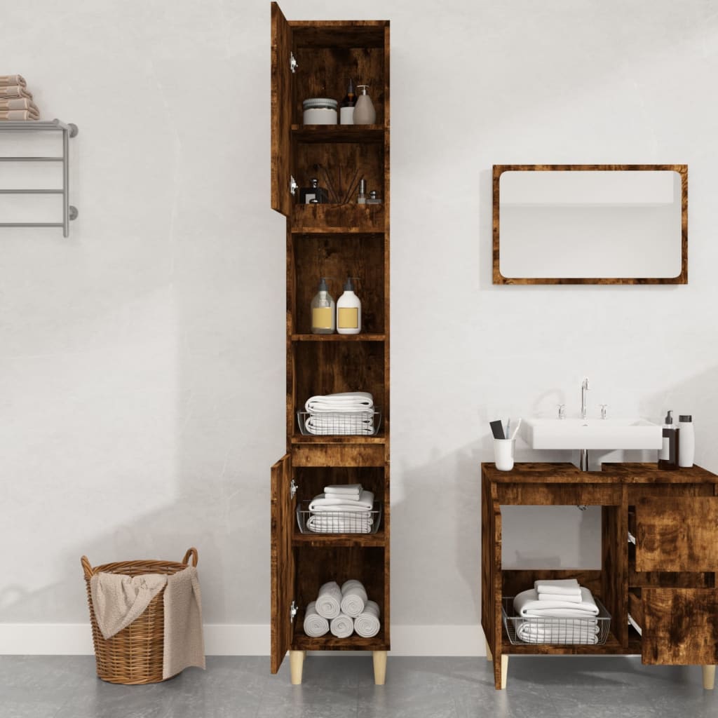 Bathroom Cabinet Smoked Oak 30x30x190 cm Engineered Wood - Bend