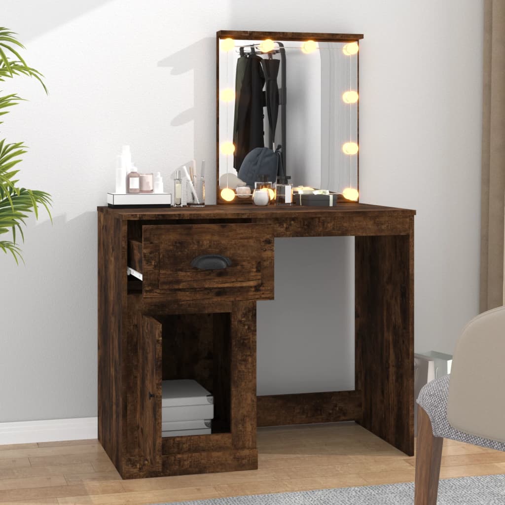 Dressing Table with LED Smoked Oak 90x50x132.5 cm Engineered Wood - Bend