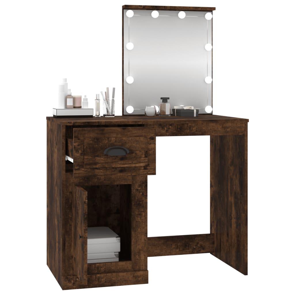 Dressing Table with LED Smoked Oak 90x50x132.5 cm Engineered Wood - Bend