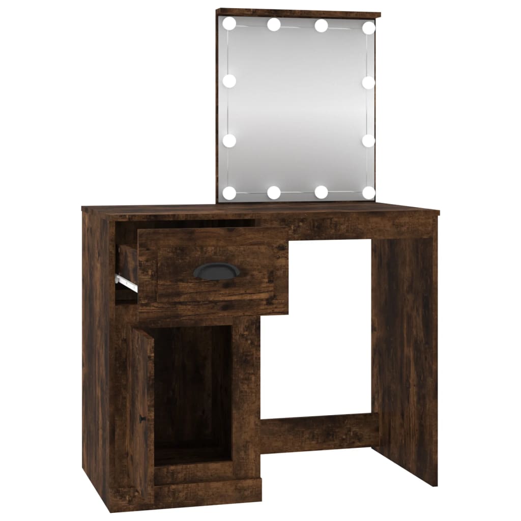 Dressing Table with LED Smoked Oak 90x50x132.5 cm Engineered Wood - Bend