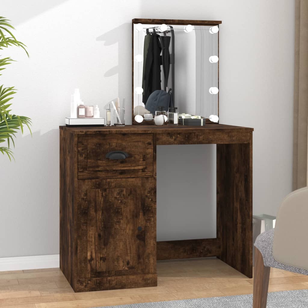 Dressing Table with LED Smoked Oak 90x50x132.5 cm Engineered Wood - Bend