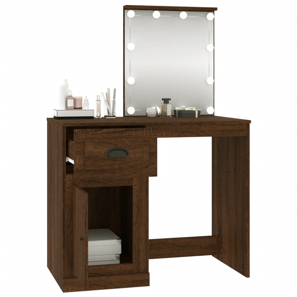 Dressing Table with LED Brown Oak 90x50x132.5 cm Engineered Wood - Bend