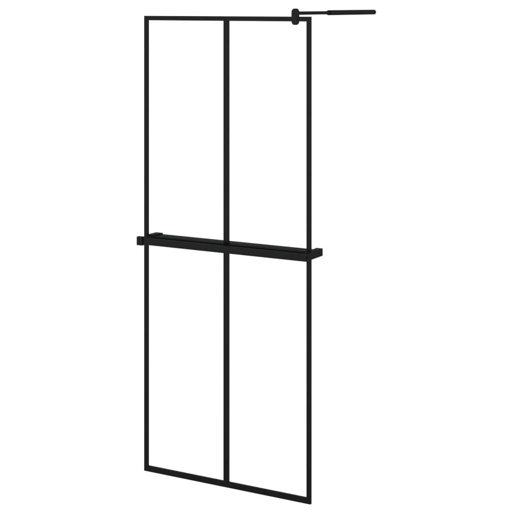 Walk-in Shower Wall with Shelf Black ESG Glass & Aluminium - Cross