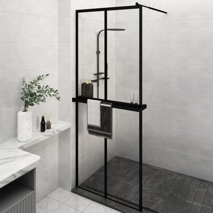 Walk-in Shower Wall with Shelf Black ESG Glass & Aluminium - Cross