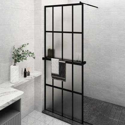 Walk-in Shower Wall with Shelf Black ESG Glass & Aluminium Tiles