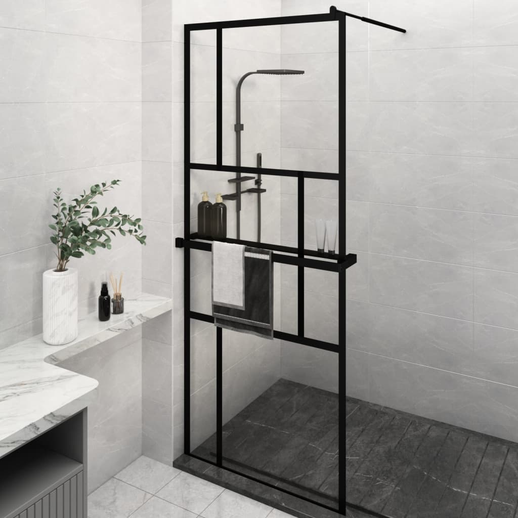 Walk-in Shower Wall with Shelf Black ESG Glass & Aluminium - Offset