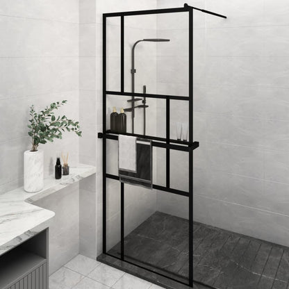 Walk-in Shower Wall with Shelf Black ESG Glass & Aluminium - Offset