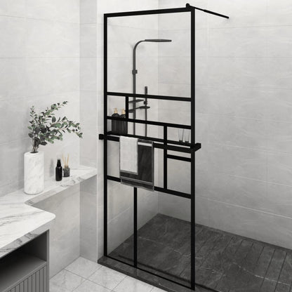 Walk-in Shower Wall with Shelf Black ESG Glass & Aluminium - Abstract Design