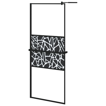 Stylish Walk-in Shower Wall with Shelf Black ESG Glass & Aluminium - Patterned