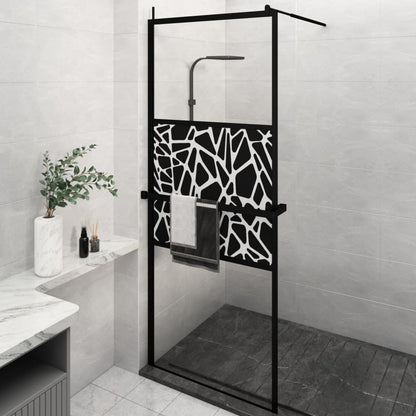 Stylish Walk-in Shower Wall with Shelf Black ESG Glass & Aluminium - Patterned