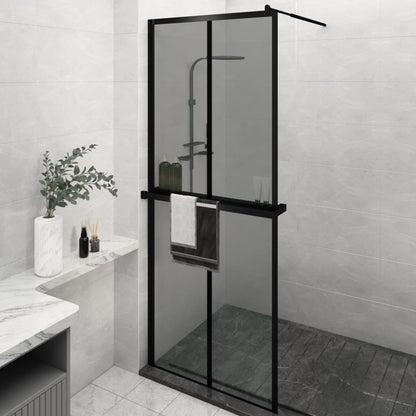 Walk-in Shower Wall with Shelf Black ESG Glass & Aluminium - Cross