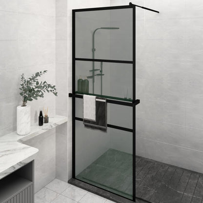 Walk-in Shower Wall with Shelf Black ESG Glass & Aluminium - Trio Modern Design and Durable Convenience