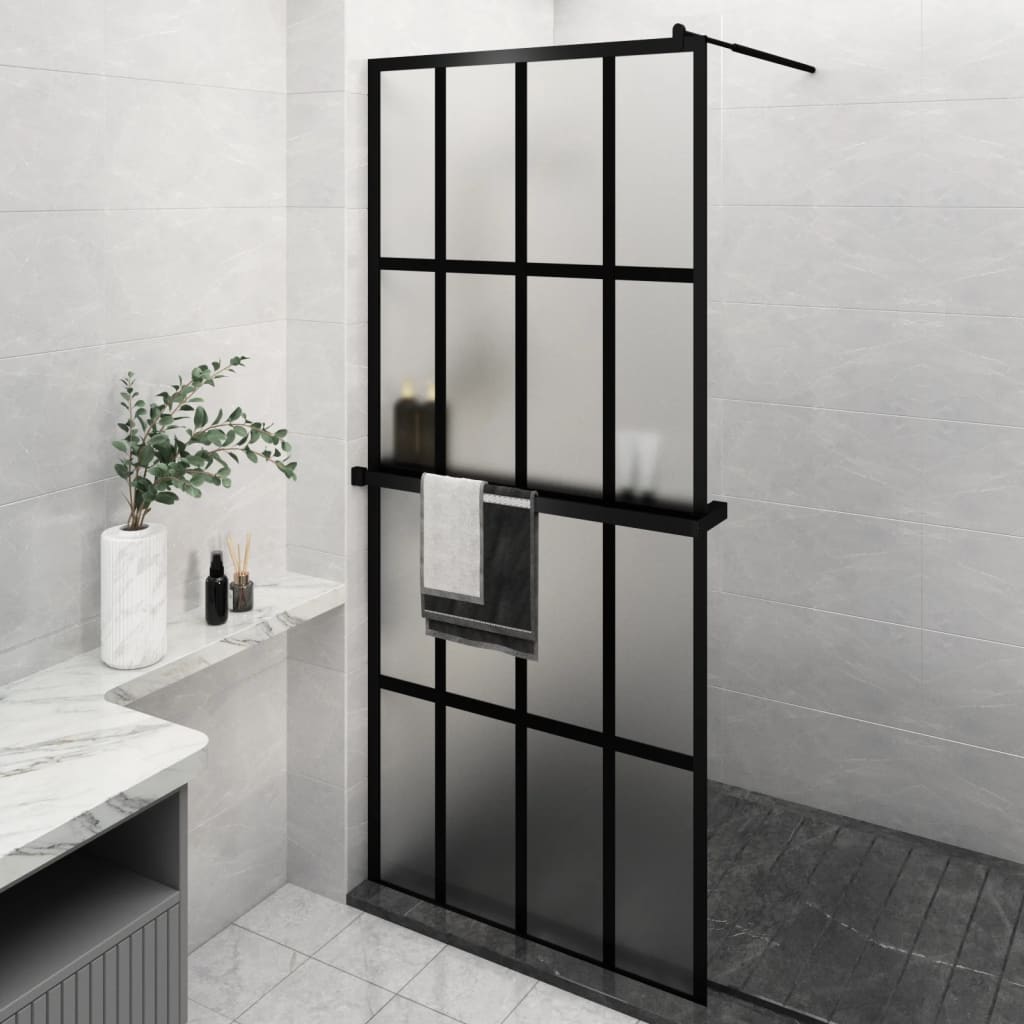 Walk-in Shower Wall with Shelf Black ESG Glass & Aluminium Tiles