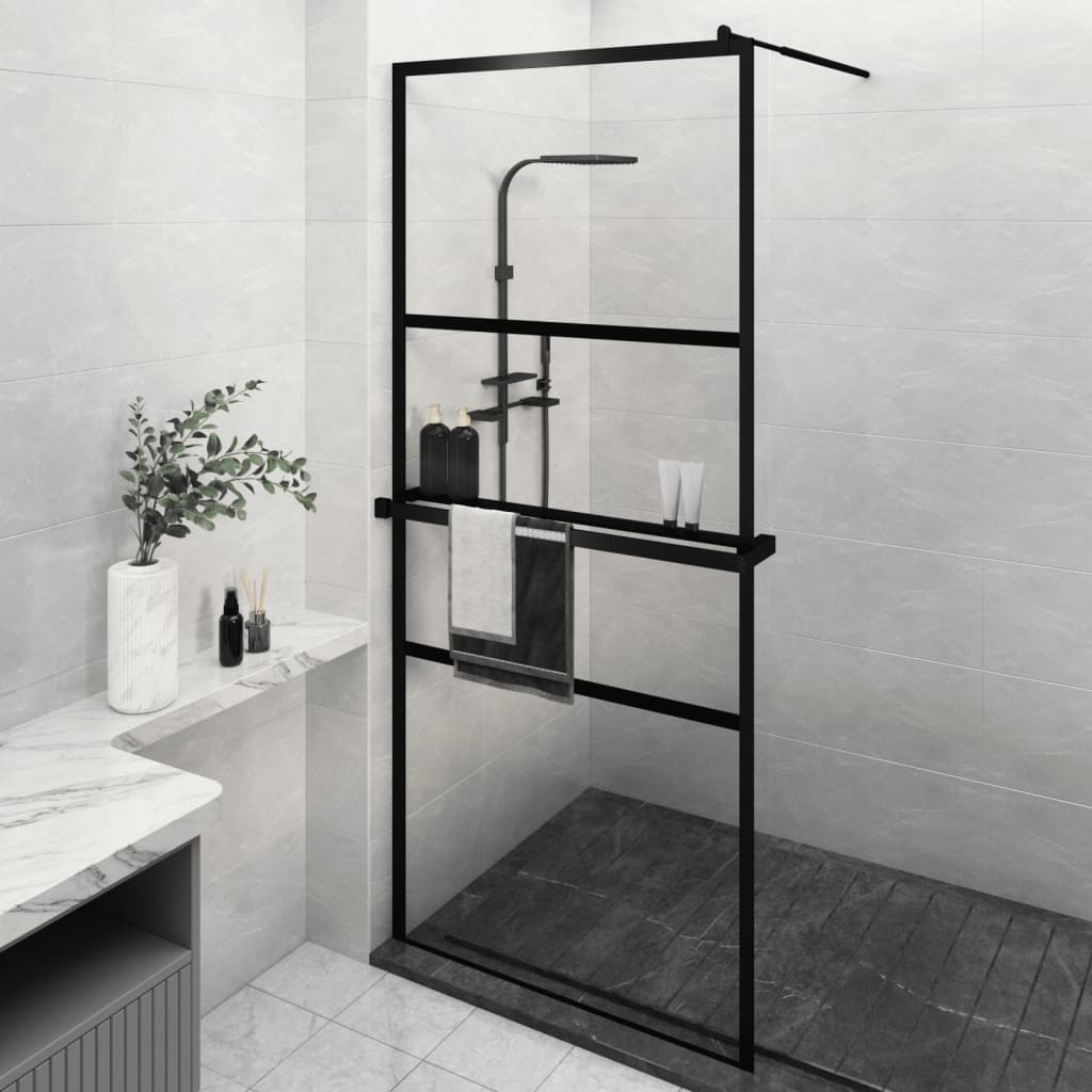 Walk-in Shower Wall with Shelf Black ESG Glass & Aluminium - Trio Modern Design and Durable Convenience