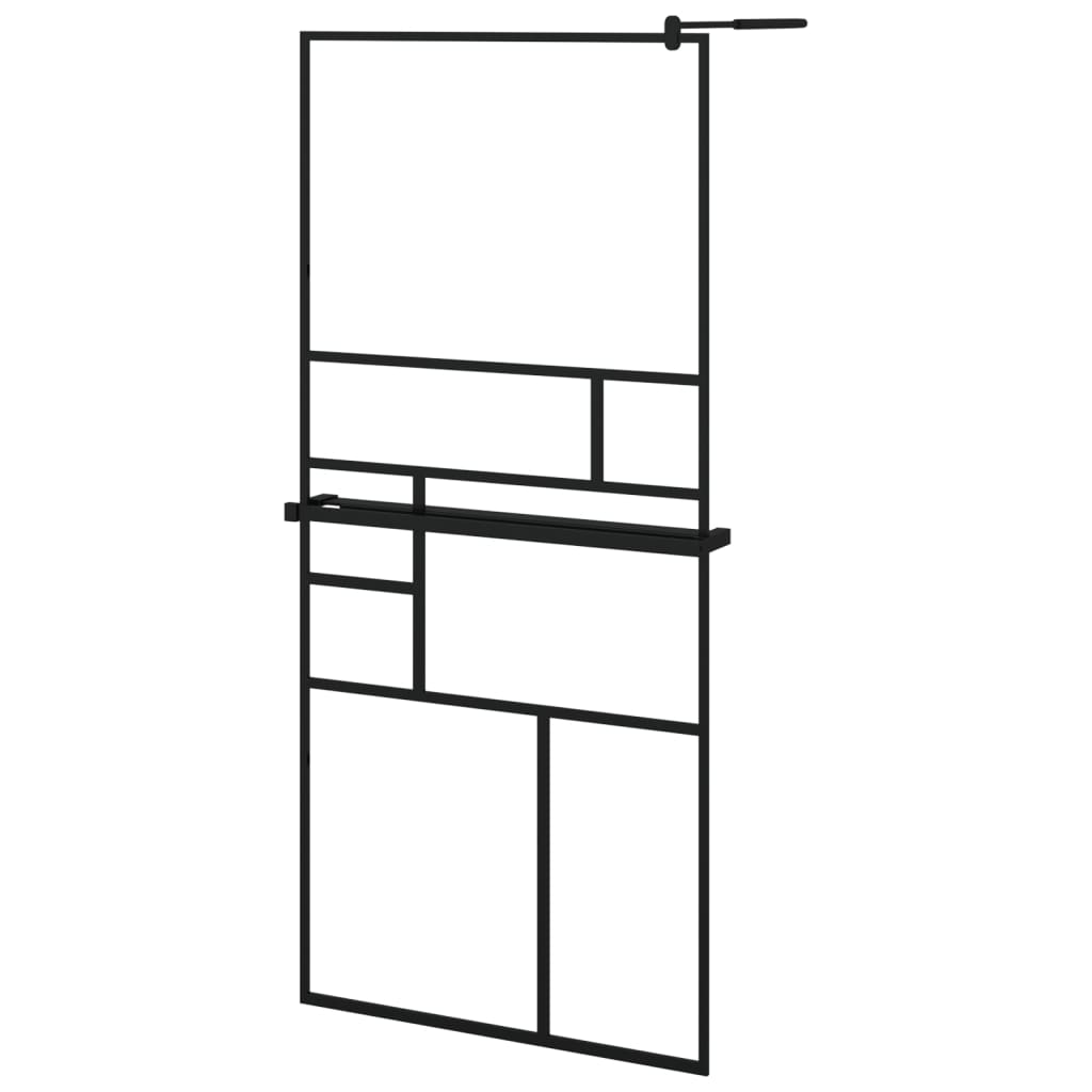 Walk-in Shower Wall with Shelf Black ESG Glass & Aluminium - Abstract Design