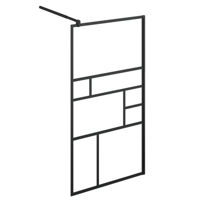 Walk-in Shower Wall with Shelf Black ESG Glass & Aluminium - Abstract Design