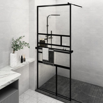 Walk-in Shower Wall with Shelf Black ESG Glass & Aluminium - Abstract Design