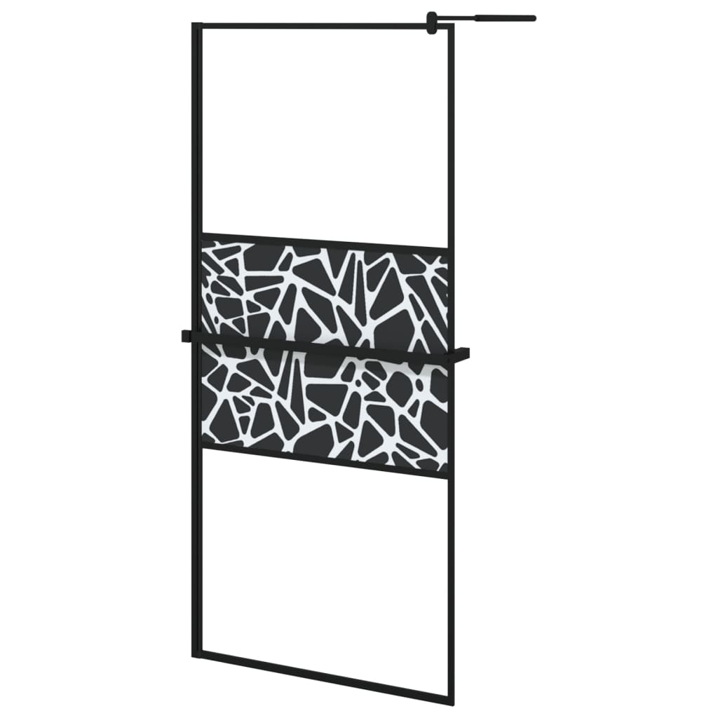 Stylish Walk-in Shower Wall with Shelf Black ESG Glass & Aluminium - Patterned