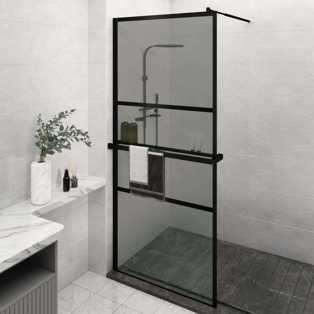 Walk-in Shower Wall with Shelf Black ESG Glass & Aluminium - Trio Modern Design and Durable Convenience