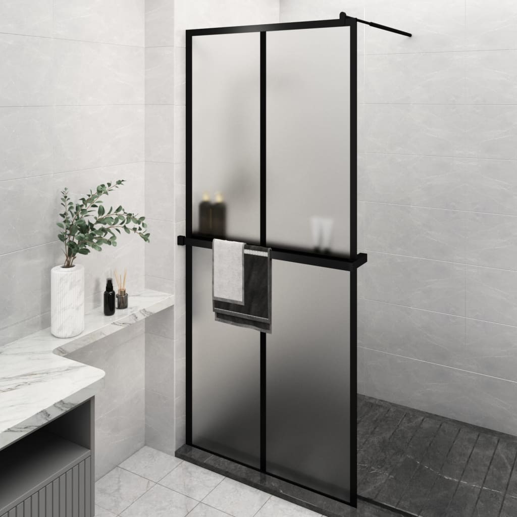 Walk-in Shower Wall with Shelf Black ESG Glass & Aluminium - Cross