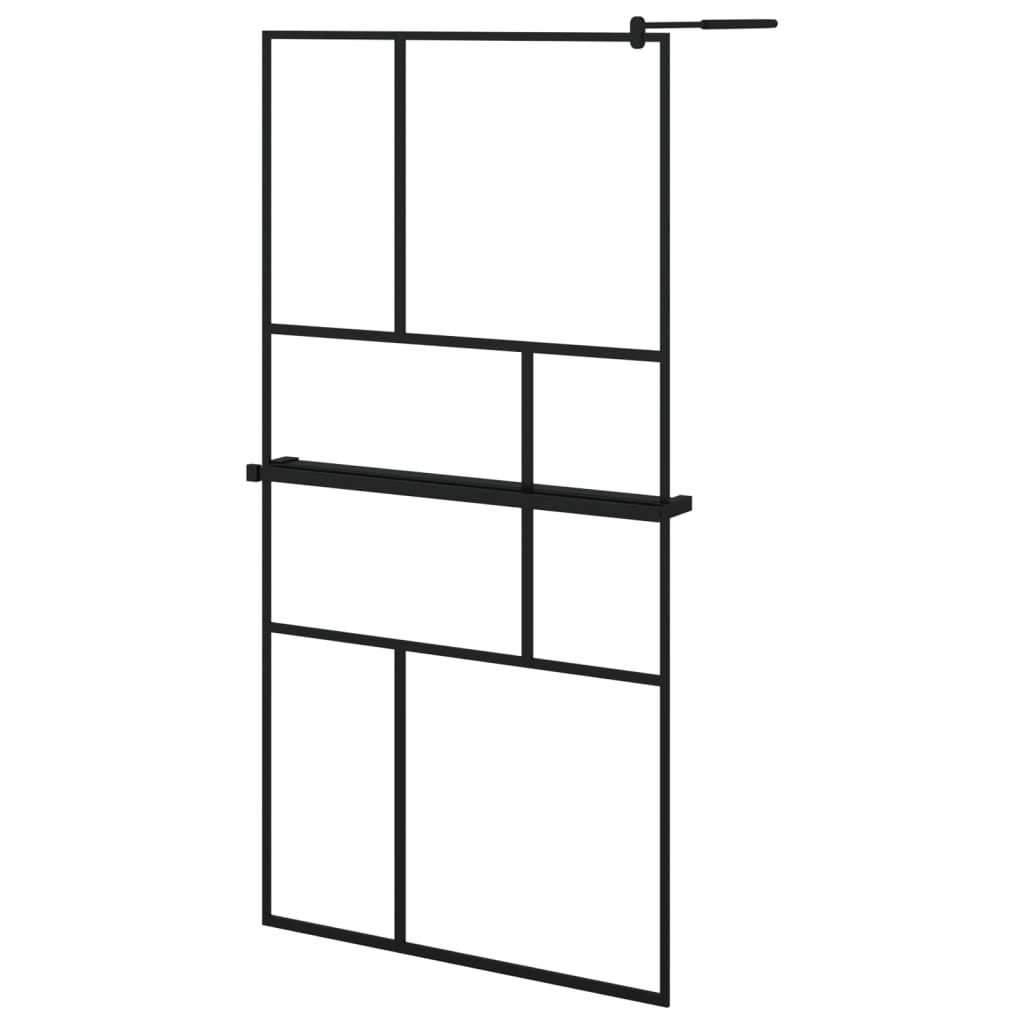 Walk-in Shower Wall with Shelf Black ESG Glass & Aluminium - Offset