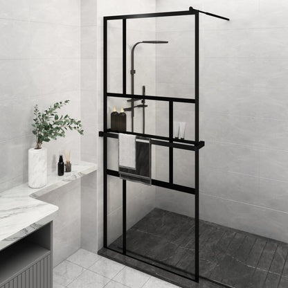 Walk-in Shower Wall with Shelf Black ESG Glass & Aluminium - Offset