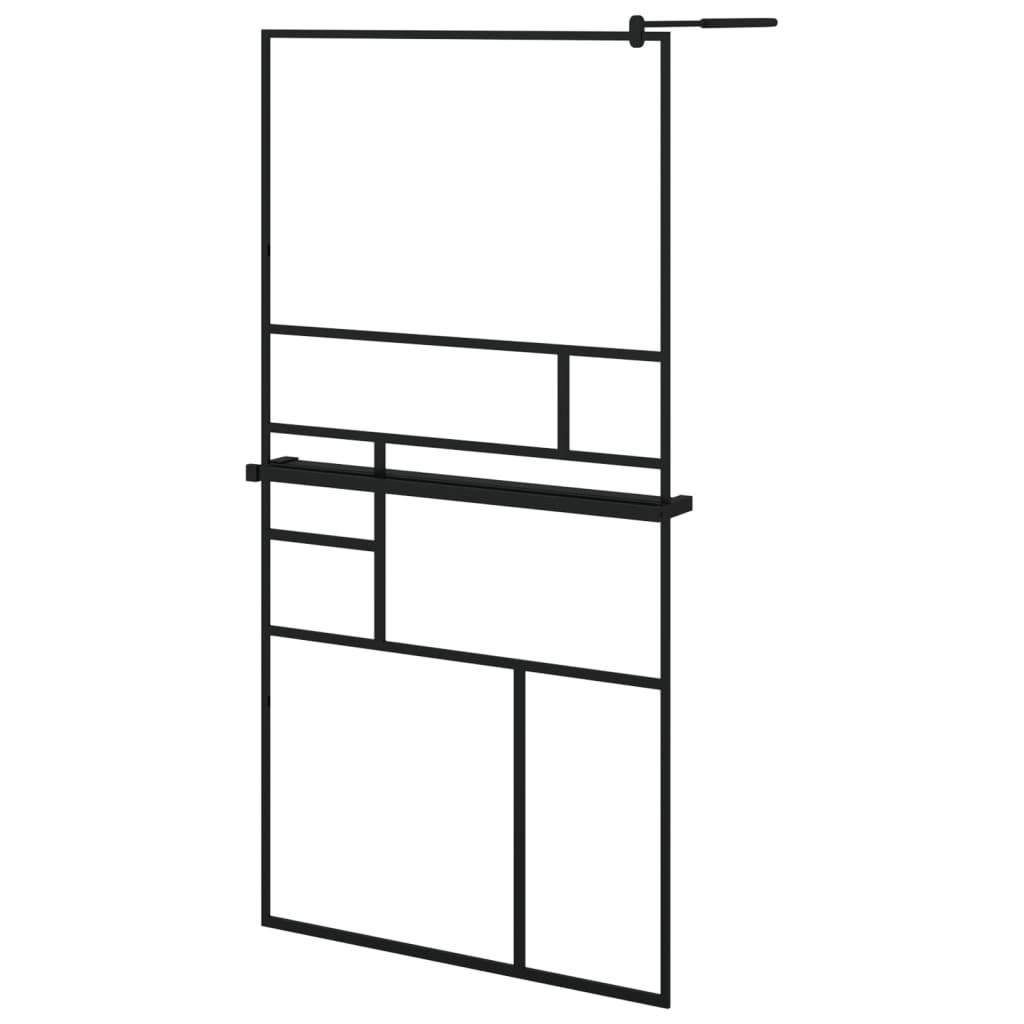 Walk-in Shower Wall with Shelf Black ESG Glass & Aluminium - Abstract Design