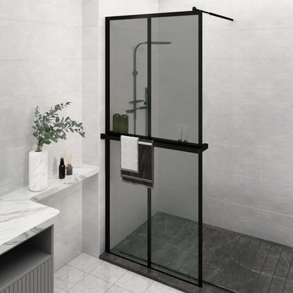 Walk-in Shower Wall with Shelf Black ESG Glass & Aluminium - Cross