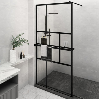 Walk-in Shower Wall with Shelf Black ESG Glass & Aluminium - Offset