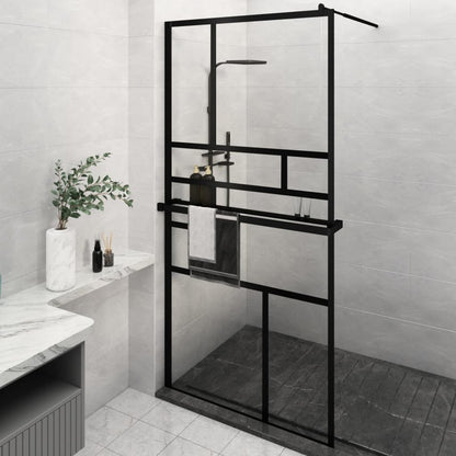 Walk-in Shower Wall with Shelf Black ESG Glass & Aluminium - Abstract Design